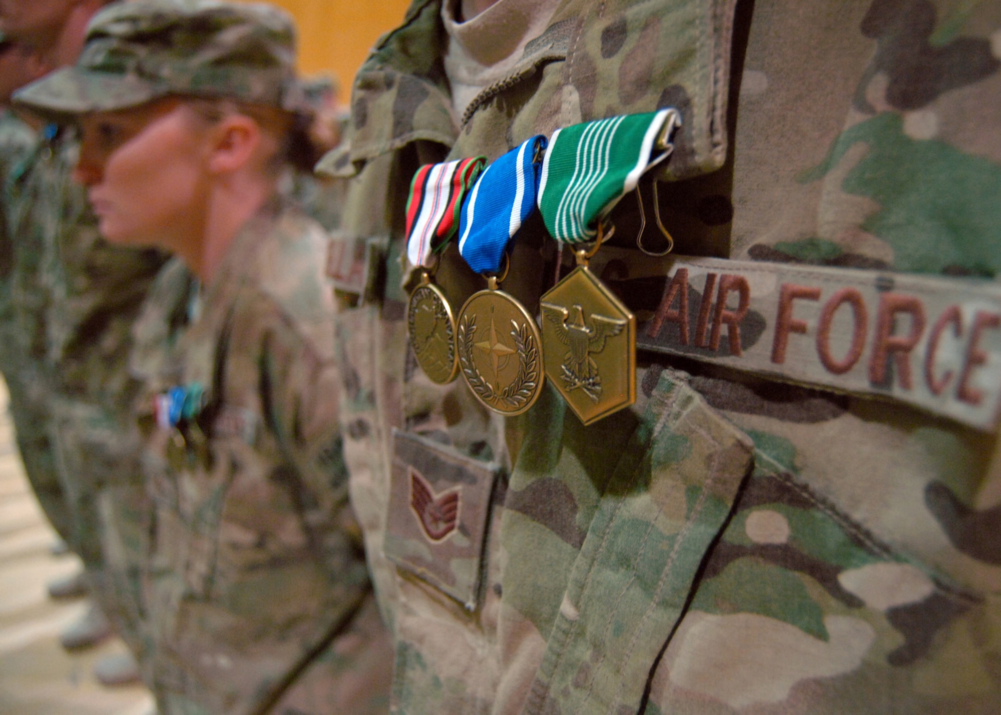 In a ceremony Nov. 26 here, 36 Airmen were awarded the Afghanistan Campaign Medal and NATO Medal. Eighteen received the Bronze Star, 16 received the Army Commendation Medal, two received the Army Achievement Medal and one Airman was awarded the Purple Heart. (U.S. Air Force photo/Master Sgt. Russell Martin)