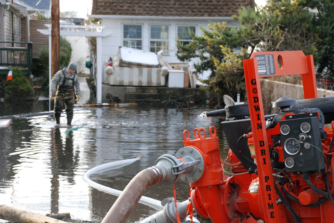 Service members, supporting the Army Corps FEMA mission to allow access to flooded homes in Breezy Point, NY, pumped an average of 750,000 to 1 million gallons of water a day in the week following Hurricane Sandy. The team, under the direction of the U.S. Army's 19th Engineer Battalion, consisted of more than 600 service members from the U.S. Army, Navy, Air Force and Marines. It worked in coordination with the local emergency responders and officials to allow access and speed recovery efforts in New York.
