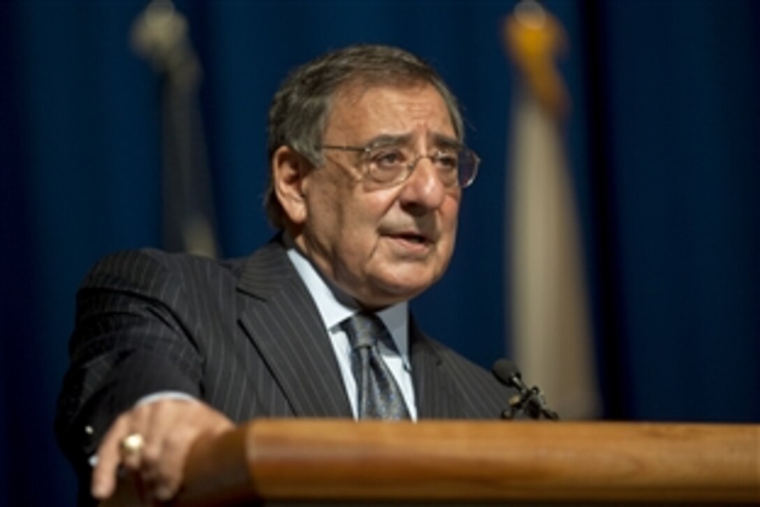 Defense Secretary Leon E. Panetta addresses service members at Walter Reed National Military Medical Center, Bethesda. Md., Dec. 4, 2012. Panetta thanked the more than 300 attendees representing each of the facilities departments for their hard work and dedication in the year since the Base Realignment and Closure Commission merged Naval Medical Center Bethesda, Md., and Walter Reed Army Medical Center.  