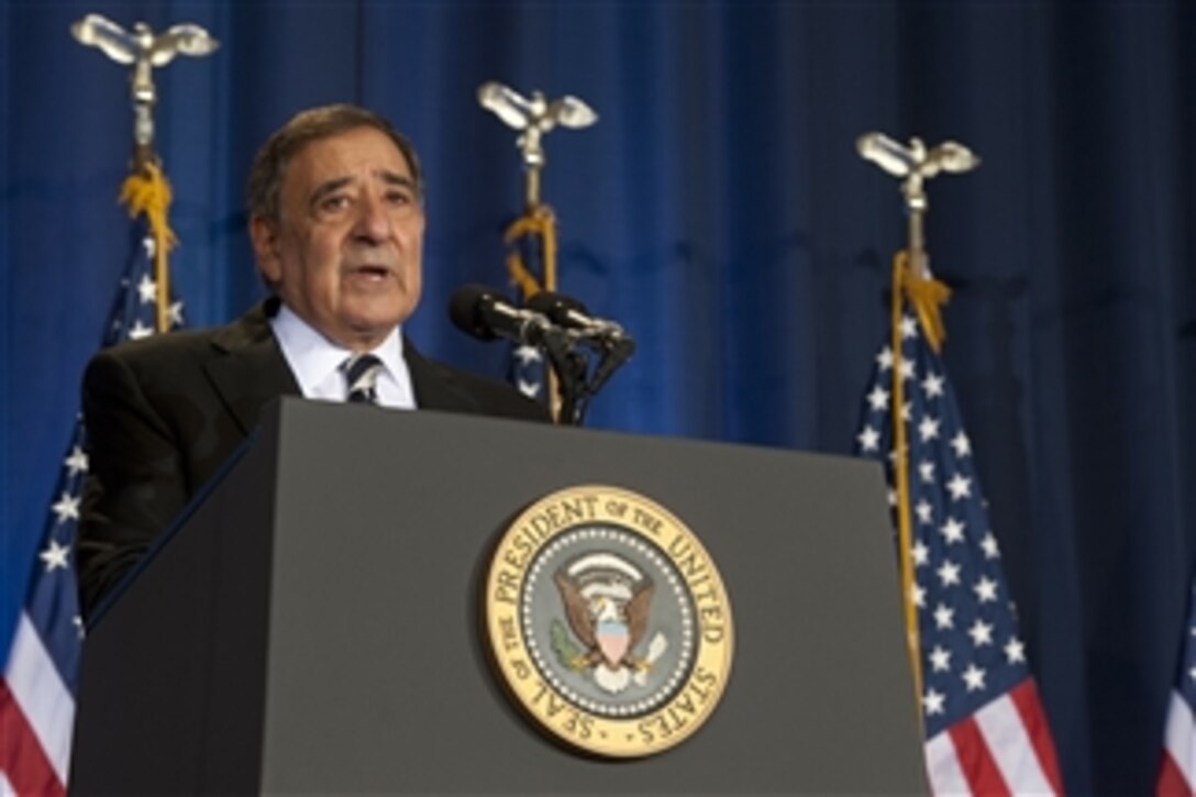 Secretary of Defense Leon E. Panetta introduces President Barack Obama at a ceremony honoring former Georgia Sen. Sam Nunn and Indiana Sen. Richard Lugar for their work to help denuclearize countries after the fall of the Soviet Union during a ceremony at the National Defense University in Washington, D.C., on Dec. 3, 2012.  The Cooperative Threat Reduction Program, established in 1991 as part of the Nunn-Lugar Act, is a critical part of the U.S. approach to reducing the threat of proliferation of weapons of mass destruction and related materials.  