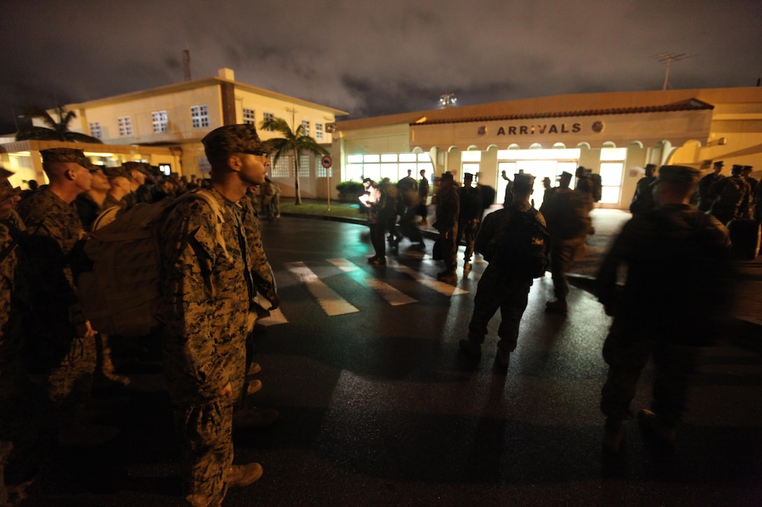 Marines and Sailors with 1st Battalion, 5th Marine Regiment, hold accountability formations here, Dec.2, after arriving to assume their role as the 31st Marine Expeditionary Unit's Battalion Landing Team. “The Professionals” of 2nd Battalion, 1st Marine Regiment, are being replaced by members of “The Old Breed” to begin training for the 31st MEU's spring deployment.