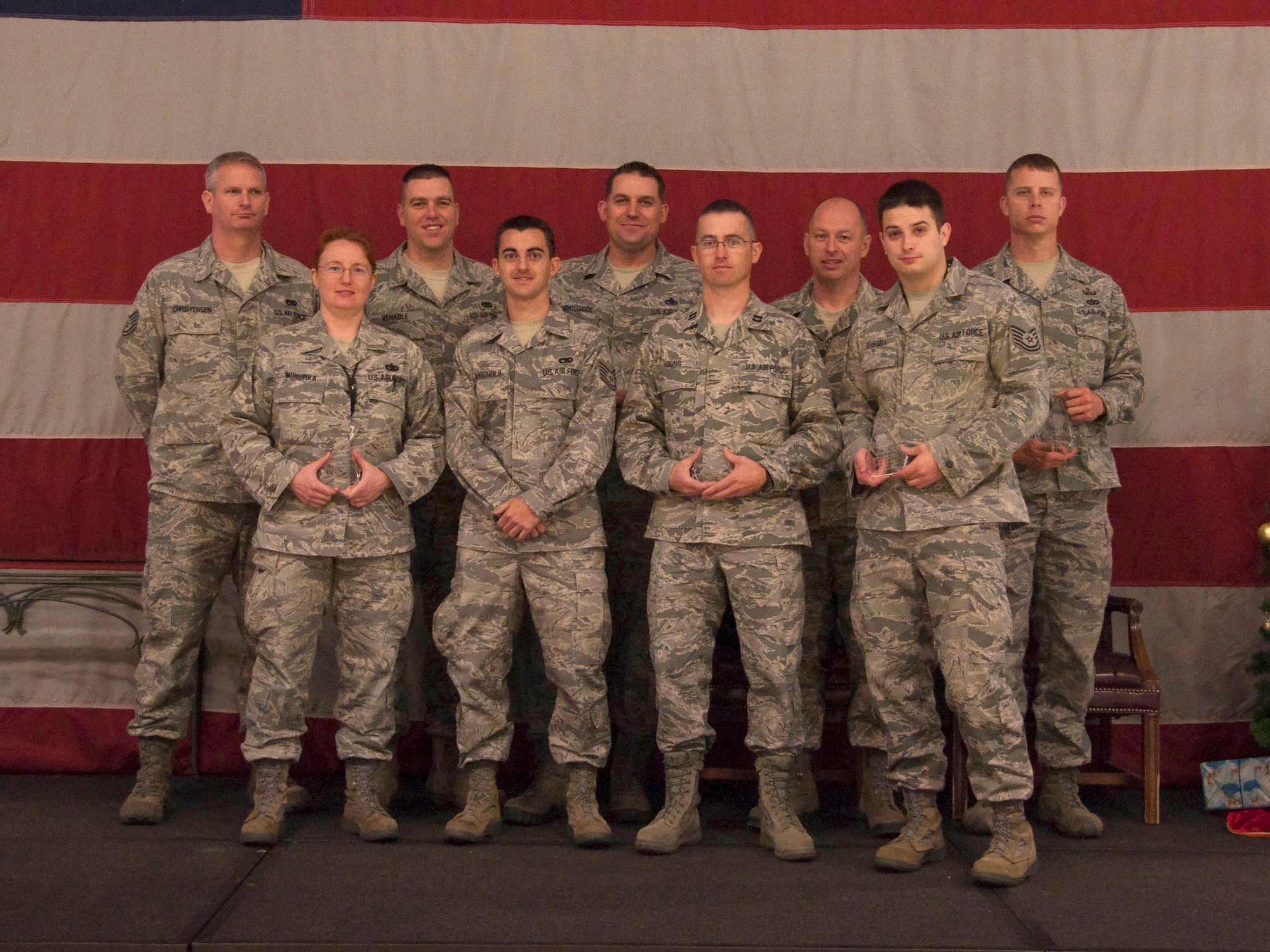 The 419th Fighter Wing's Outstanding Airmen of the Quarter are recognized at commander's call here Dec. 2. (U.S. Air Force photo/Senior Airman Crystal Charriere)