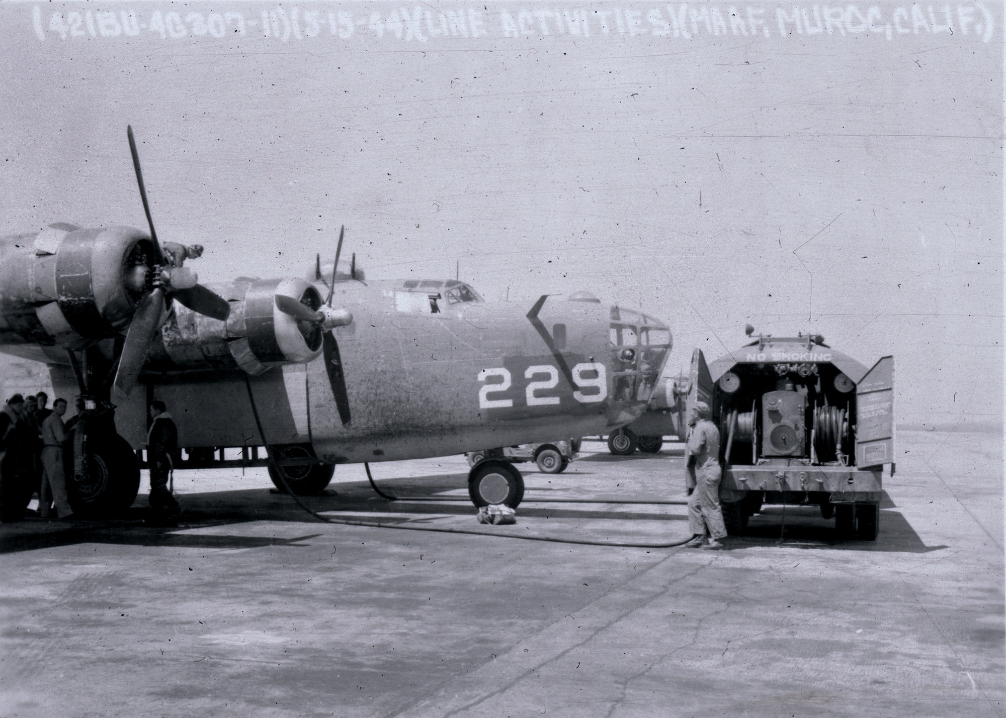 A B-24 parked at Muroc Army Airfield (now Edwards Air Force Base) around 1943 to 1944. Muroc was a stop for the heavy bombers before heading to the Pacific Theater during World War II. (Courtesy photo provided by Air Force Test Center History Office) 