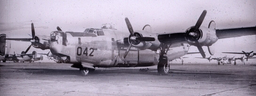 A B-24 parked at Muroc Army Airfield (now Edwards Air Force Base) around 1943 to 1944. Muroc was a stop for the heavy bombers before heading to the Pacific Theater during World War II. (Courtesy photo provided by Air Force Test Center History Office)  