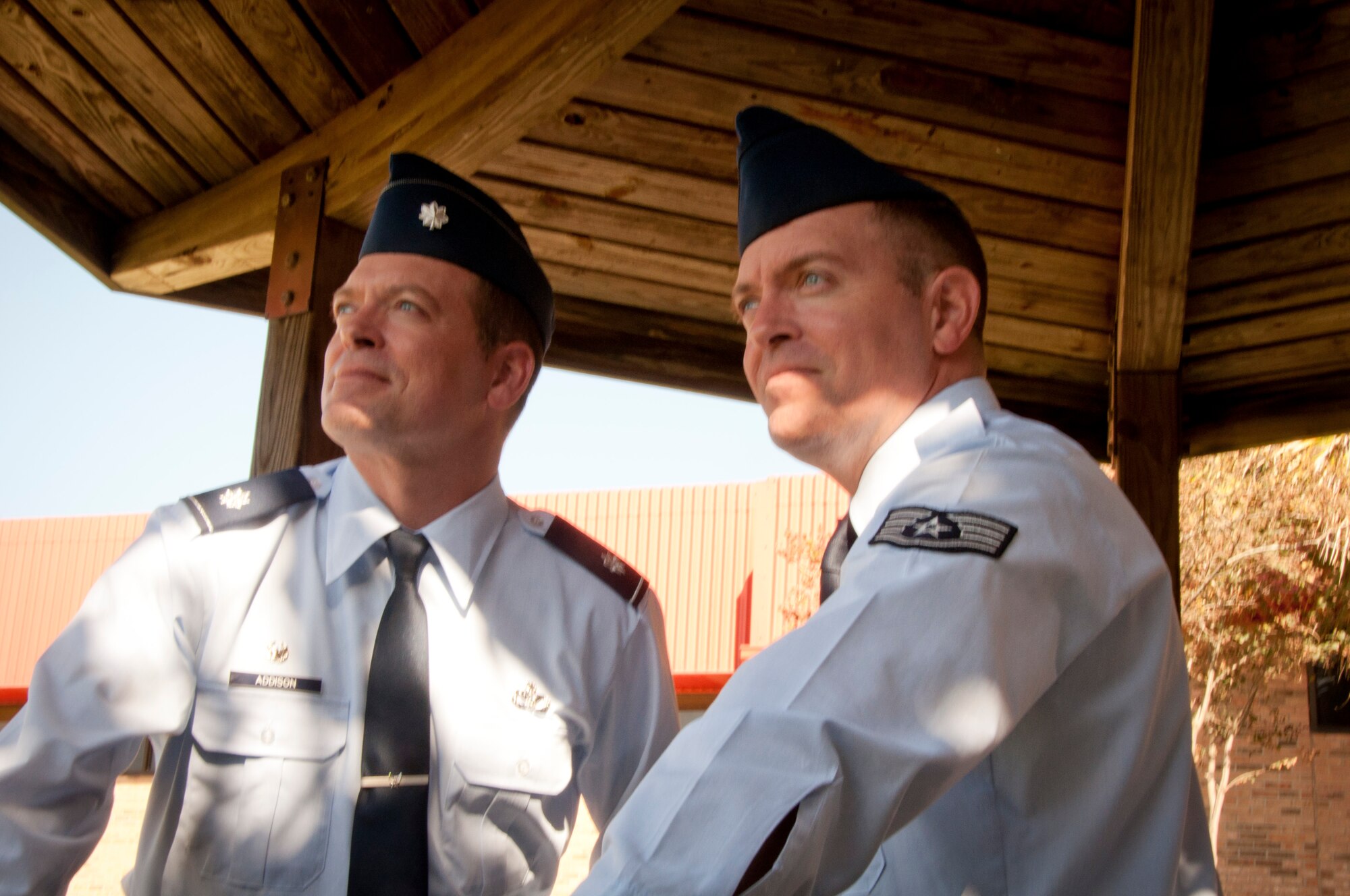 MACDILL AIR FORCE BASE, Fla. –Lieutenant Col. Wilton Addison, left, the commander of the 159th Civil Engineer Squadron at Naval Air Station Joint-Reserve Base, New Orleans and his twin brother, Staff Sgt. Milton Addison, right, , a knowledge operations apprentice with the 927th Force Support Squadron, both serve their country in the U.S. Air Force.  Although the twins are separated by distance, they are joined in service to their country. (Official U.S. Air Force photo/Staff Sgt. Shawn Rhodes)