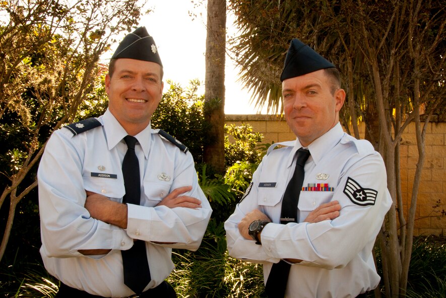 MACDILL AIR FORCE BASE, Fla. –Although Lt. Col. Wilton Addison, left, the commander of the 159th Civil Engineer Squadron at Naval Air Station Joint-Reserve Base, New Orleans outranks his twin brother, Staff Sgt. Milton Addison, right, a knowledge operations apprentice with the 927th Force Support Squadron, he isn’t senior to him.  The staff sergeant was born three minutes before his twin brother, a lieutenant colonel.  This fact, according to Milton, makes him the senior of the pair.   (Official U.S. Air Force photo/Staff Sgt. Shawn Rhodes)  