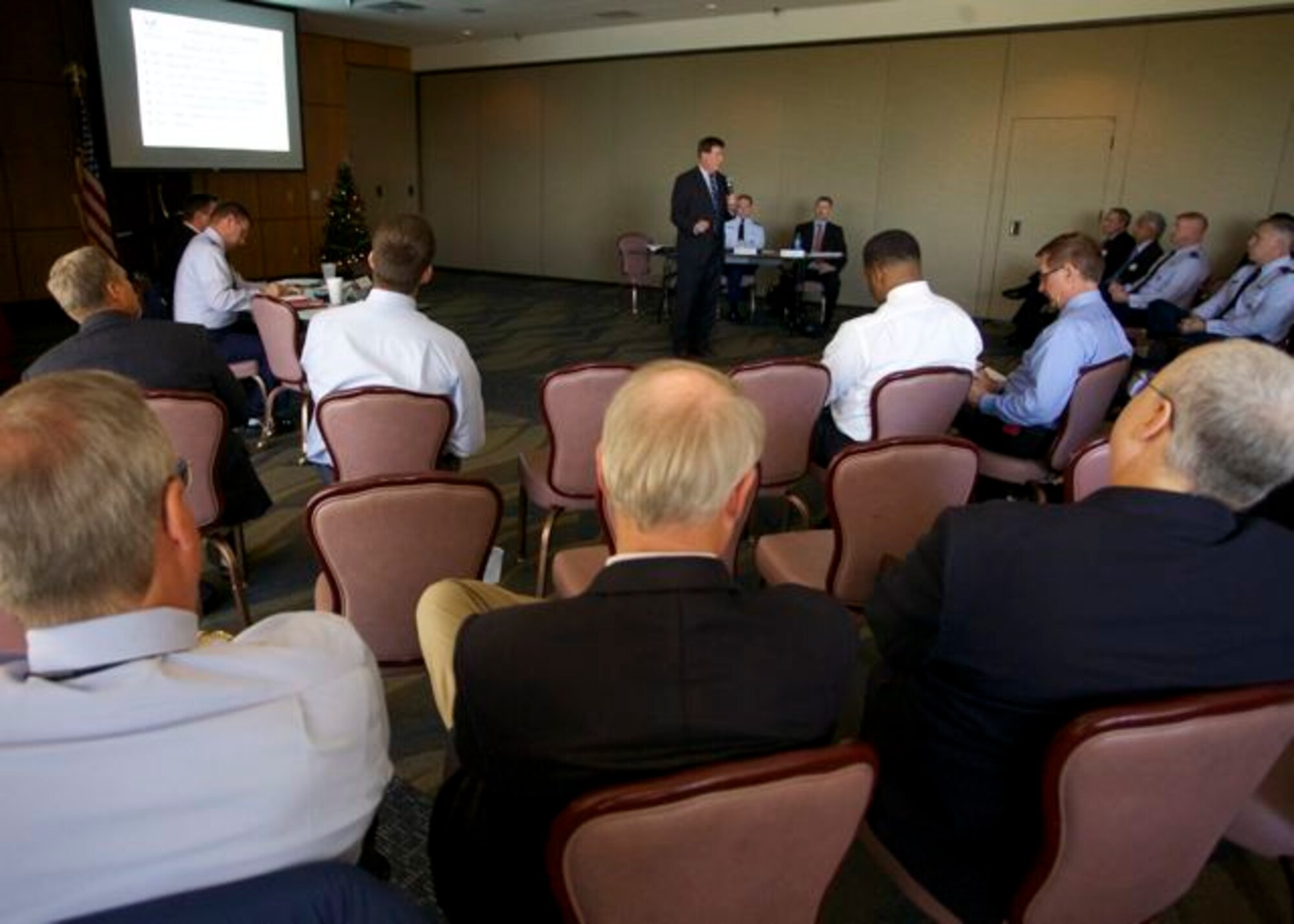 TYNDALL AIR FORCE BASE, Fla. -- Terry Yonkers, Assistant Secretary of the Air Force for Installations, Environment and Logistics speaks to representatives from more
than 20 energy service companies and utility companies during an Energy
Savings Performance Contract Industry Day event here Nov. 26, 2012. (U.S. Air Force Photo/Eddie Green)

