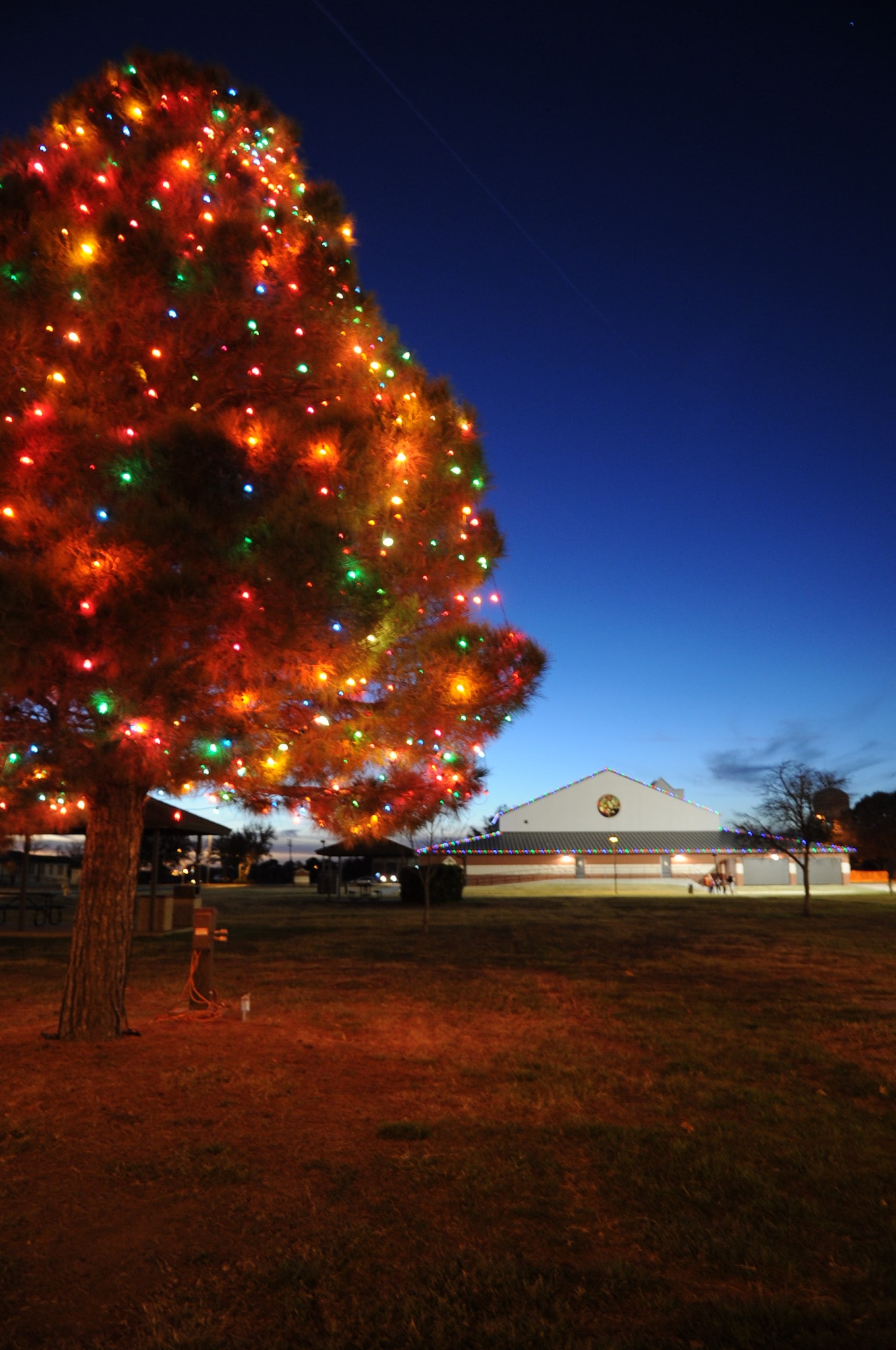 GOODFELLOW AIR FORCE BASE, Texas –  The holiday tree glows in the night after being lit at the Base Holiday Tree Lighting event near Taylor Chapel here Dec. 4. The tree lighting was also accompanied with a visit from Santa and speech from Col. Mark Damiano, 17th Training Wing commander. (U.S. Air Force photo/ Staff Sgt. Laura McFarlane)