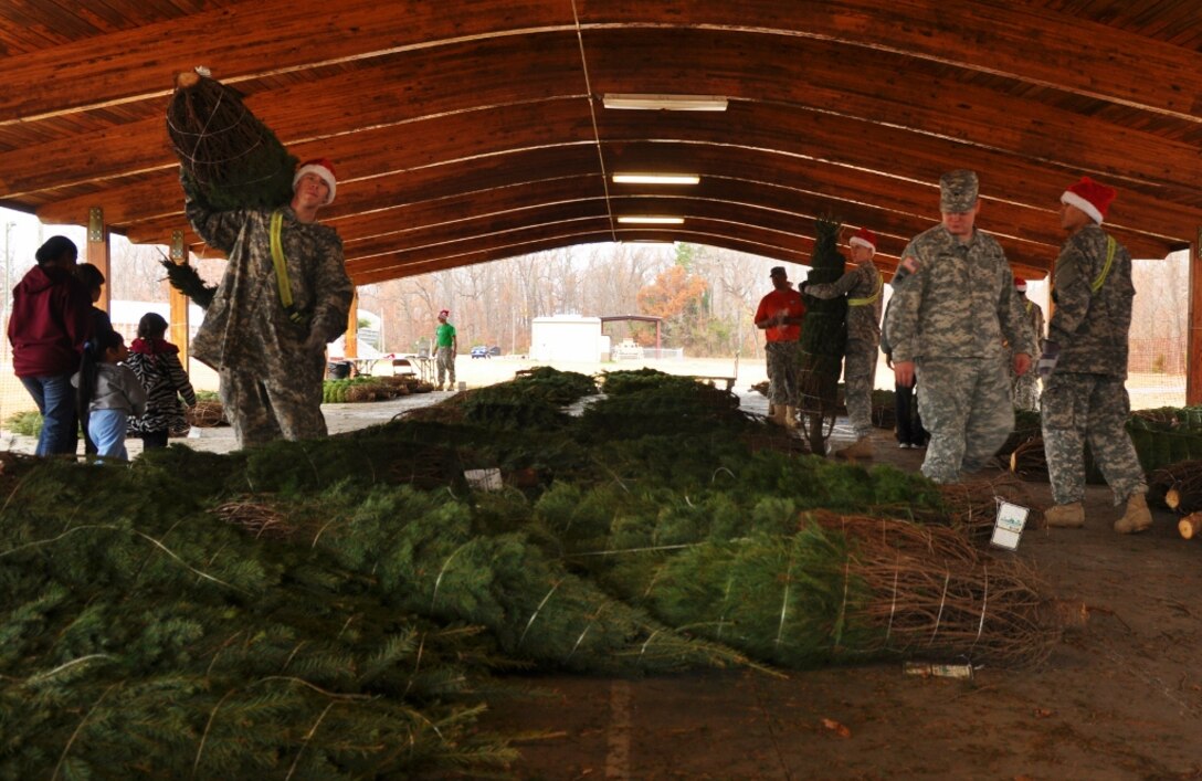Soldiers and family members navigate through a maze of donated Christmas trees beneath the Schultz Place picnic pavilion at the annual “Trees for Troops” Christmas Tree giveaway at Fort Eustis, Va., Dec. 5, 2012. Trees were distributed first come, first served to Service members and their families free of charge, made possible by donations from two Christmas tree farms. (U.S. Air Force photo by Senior Airman Jason J. Brown/Released)