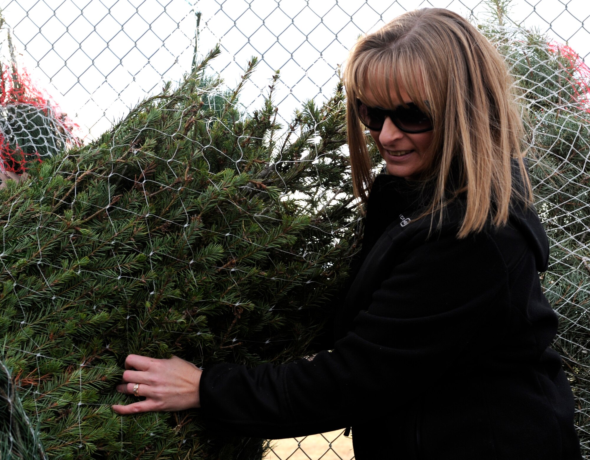 Tara Kuenkel, spouse of an Ellsworth Airman, selects a Christmas tree outside the 28th Force Support Squadron Outdoor Recreation Office at Ellsworth Air Force Base, S.D., Nov. 30, 2012. Ellsworth Airmen, families of deployed Ellsworth personnel and South Dakota National Guardsmen are all eligible to receive a free Christmas tree during the Trees for Troops event. (U.S. Air Force photo by Airman Ashley J. Woolridge/Released)