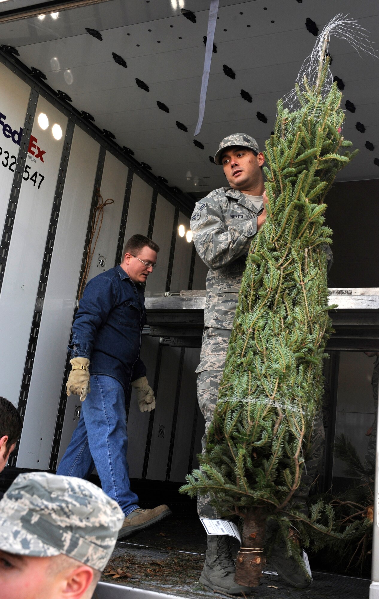 Airman 1st Class Tanner Meyer, 28th Contracting Squadron contracting administrator, unloads a Christmas tree from a tractor trailer during Trees for Troops outside the 28th Force Support Squadron Outdoor Recreation Office on Ellsworth Air Force Base, S.D., Nov. 30, 2012. FedEx transported the trees from various tree farms in the midwest free of charge for the event sponsored by the Christmas SPIRIT Foundation. (U.S. Air Force photo by Airman Ashley J. Woolridge/Released)