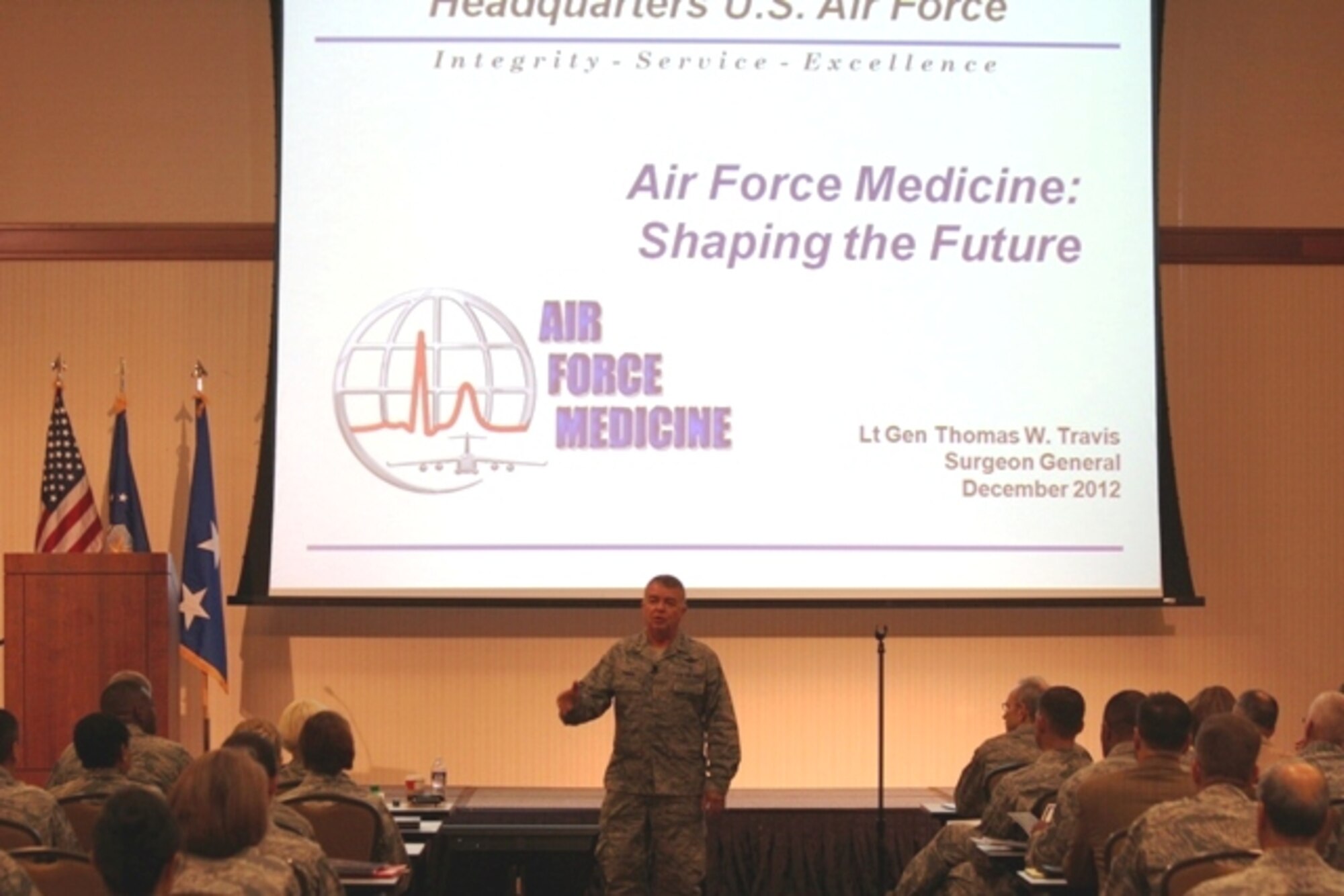 Lt. Gen. (Dr.) Thomas W. Travis, Air Force Surgeon General, gives opening remarks during the Air Force Medical Service (AFMS) Senior Leadership Workshop on Dec. 4 here.  The AFMS Senior Leadership Workshop is held annually to address AFMS strategies and programs to shape the future of the service. (U.S. Air Force photo/Jon Stock)
