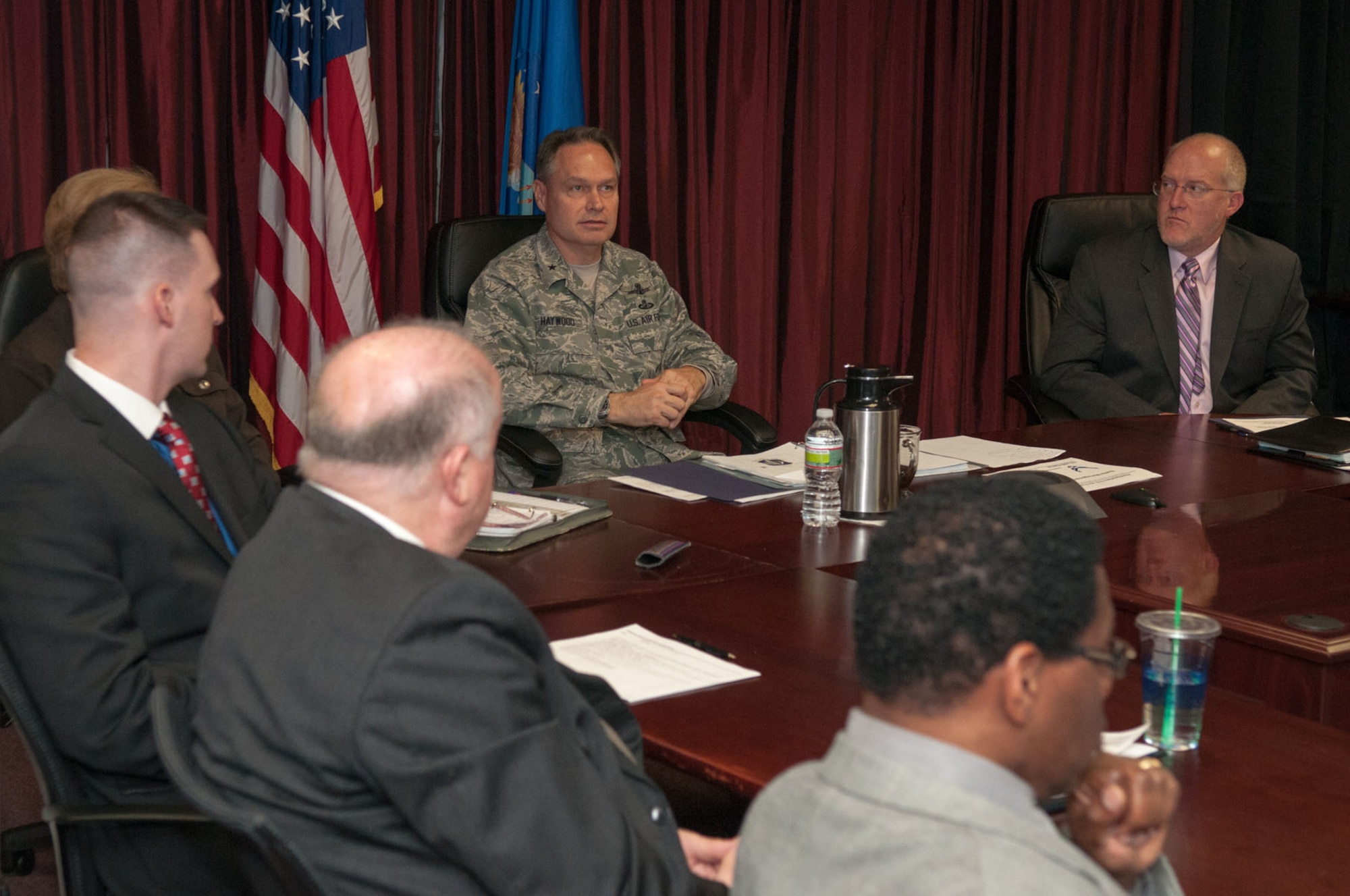 HANSCOM AIR FORCE BASE, Mass. - Brig. Gen. James Haywood, director, Air Force Security Assistance and Cooperation Directorate, speaks with personnel who work on foreign military sales projects during a visit here last month. Haywood said he was impressed with expertise and efficiency of the FMS work.  (U.S. Air Force photo by Rick Berry)
