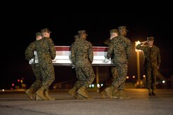A U.S. Marine Corps carry team transfers the remains of Marine Lance Cpl. Anthony J. Denier of Mechanicsville, N.Y., at Dover Air Force Base, Del., Dec. 4, 2012. Denier was assigned to 3rd Battalion, 9th Marines, 2nd Marine Division, II Marine Expeditionary Force, Camp Lejeune, N.C. (U.S. Air Force photo/Greg L. Davis)
