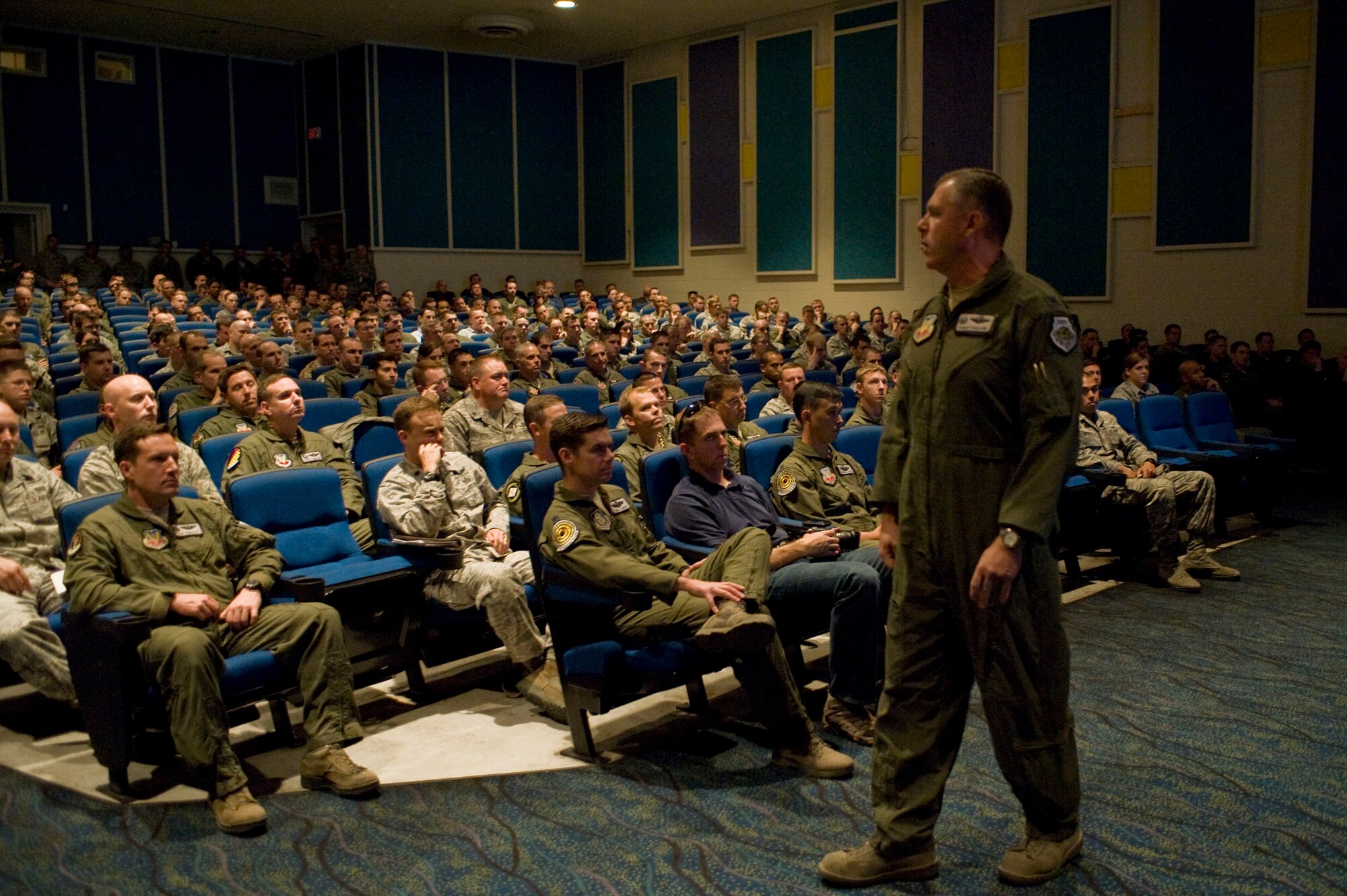 U.S. Air Force Col. Robert Garland, United States Air Force Weapons School commandant, speaks about the Mission Employment Phase during a briefing Dec. 3, 2012, at Nellis Air Force Base, Nev. The exercise incorporates Air Force capabilities in diverse scenarios which can include as many as 120 aircraft in conjunction with space and cyberspace assets. (U.S. Air Force photo by Airman 1st Class Christopher Tam)