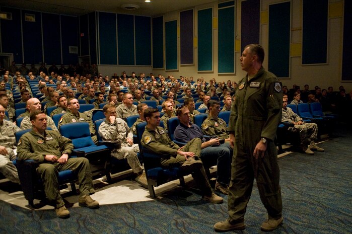 U.S. Air Force Col. Robert Garland, United States Air Force Weapons School commandant, speaks about the Mission Employment Phase during a briefing Dec. 3, 2012, at Nellis Air Force Base, Nev. The exercise incorporates Air Force capabilities in diverse scenarios which can include as many as 120 aircraft in conjunction with space and cyberspace assets. (U.S. Air Force photo by Airman 1st Class Christopher Tam)