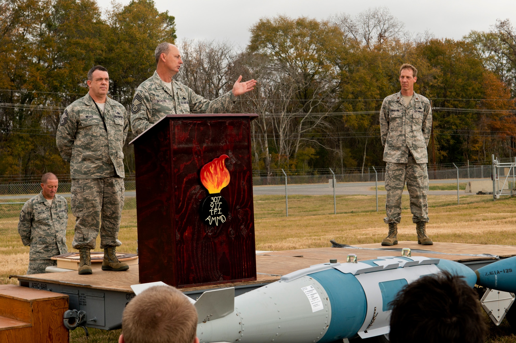 U.S. Air Force Chief Master Sgt. Bobby Deshotel, 307th Maintenance Squadron munitions flight chief, speaks during his retirement ceremony, Dec. 2, 2012, Barksdale Air Force Base, La. Deshotel is retiring after serving over 24 years in the Air Force. (U.S. Air Force photo by Master Sgt. Greg Steele/Released)