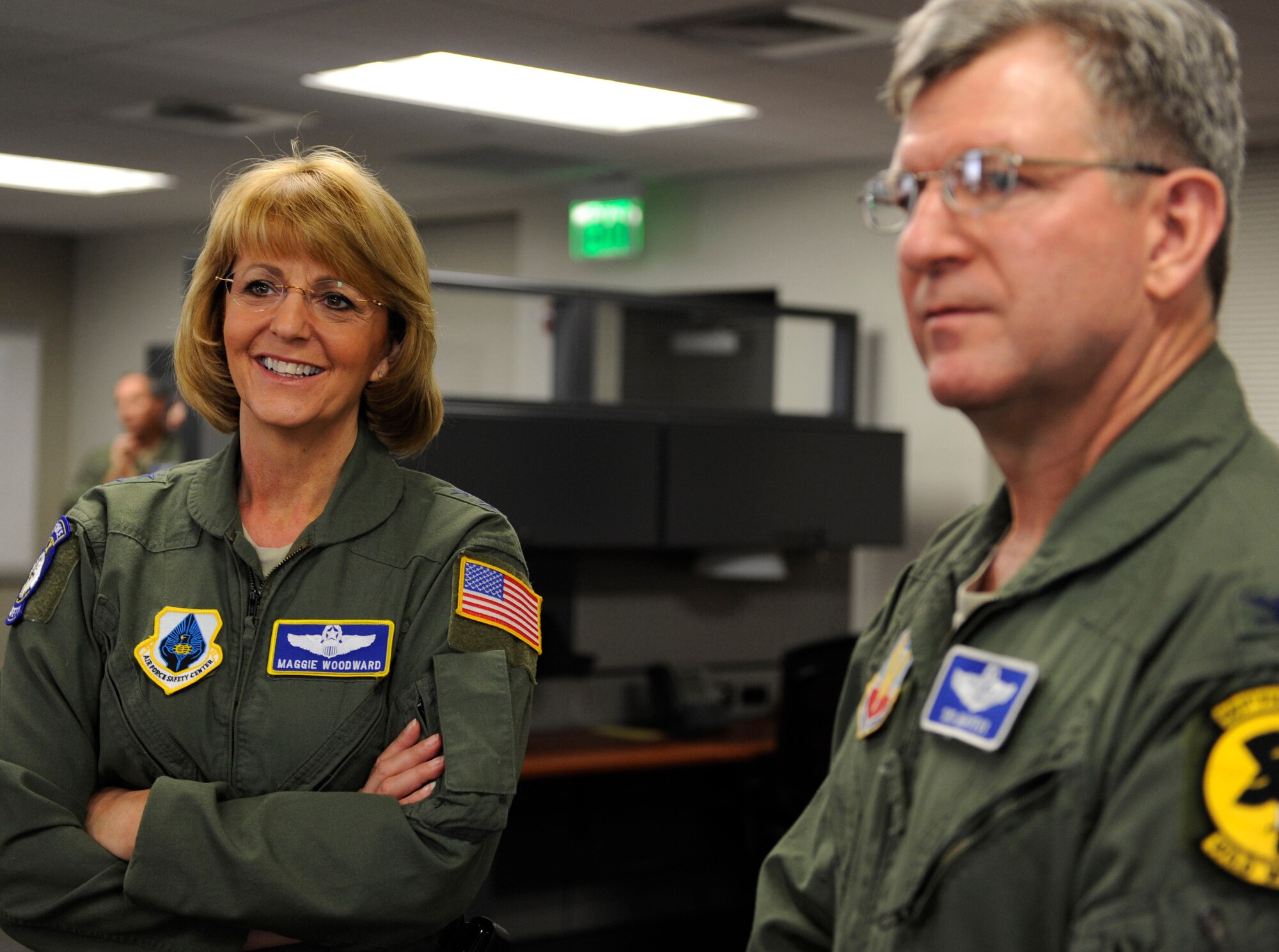 U.S. Air Force Maj. Gen. Margaret Woodward, Air Force Chief of Safety, left, escorted by Col. Sidney Mayeux, Air Combat Command Safety director, tours ACC Safety headquarters, Joint Base Langley-Eustis, Va., Nov. 27, 2012. Woodward visited as a part of her safety initiative to meet all Air Force major command safety teams and discuss proactive initiatives. . (U.S. Air Force photo by Staff Sgt. Krystie Martinez/Released)
