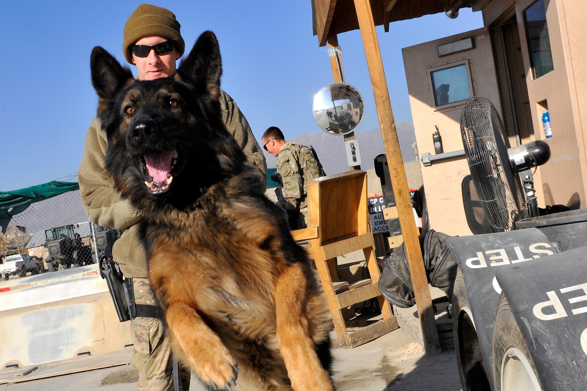 Staff Sgt. Mark Sidle, 455th Expeditionary Security Forces Group dog handler, and his dog, Arco, patrol an entry control point at Bagram Airfield, Afghanistan, Dec. 1, 2012.  This is 3-year-old Arco’s first deployment and Sidle’s second downrange. Both are deployed from Ellsworth Air Force Base, S.D.  (U.S. Air Force photo/Senior Airman Chris Willis) 