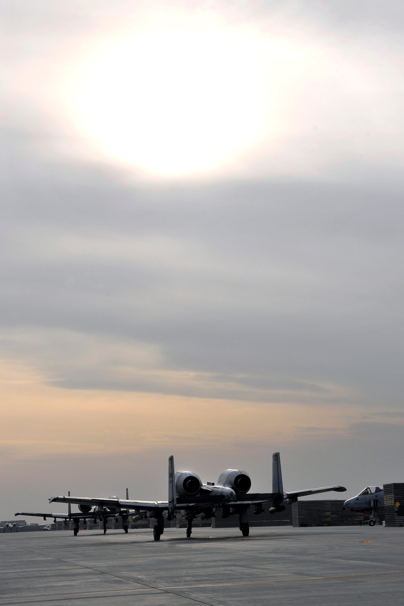 A-10 Thunderbolt II’s taxi to their parking spots after a close air support mission at Bagram Airfield, Afghanistan, Nov. 27, 2012. The A-10 is part of a squadron of “Warthogs” that recently arrived from Davis-Monthan Air Force Base, Az., to fly missions in support of American and coalition forces here in Afghanistan. (U.S. Air Force photo/Senior Airman Chris Willis)