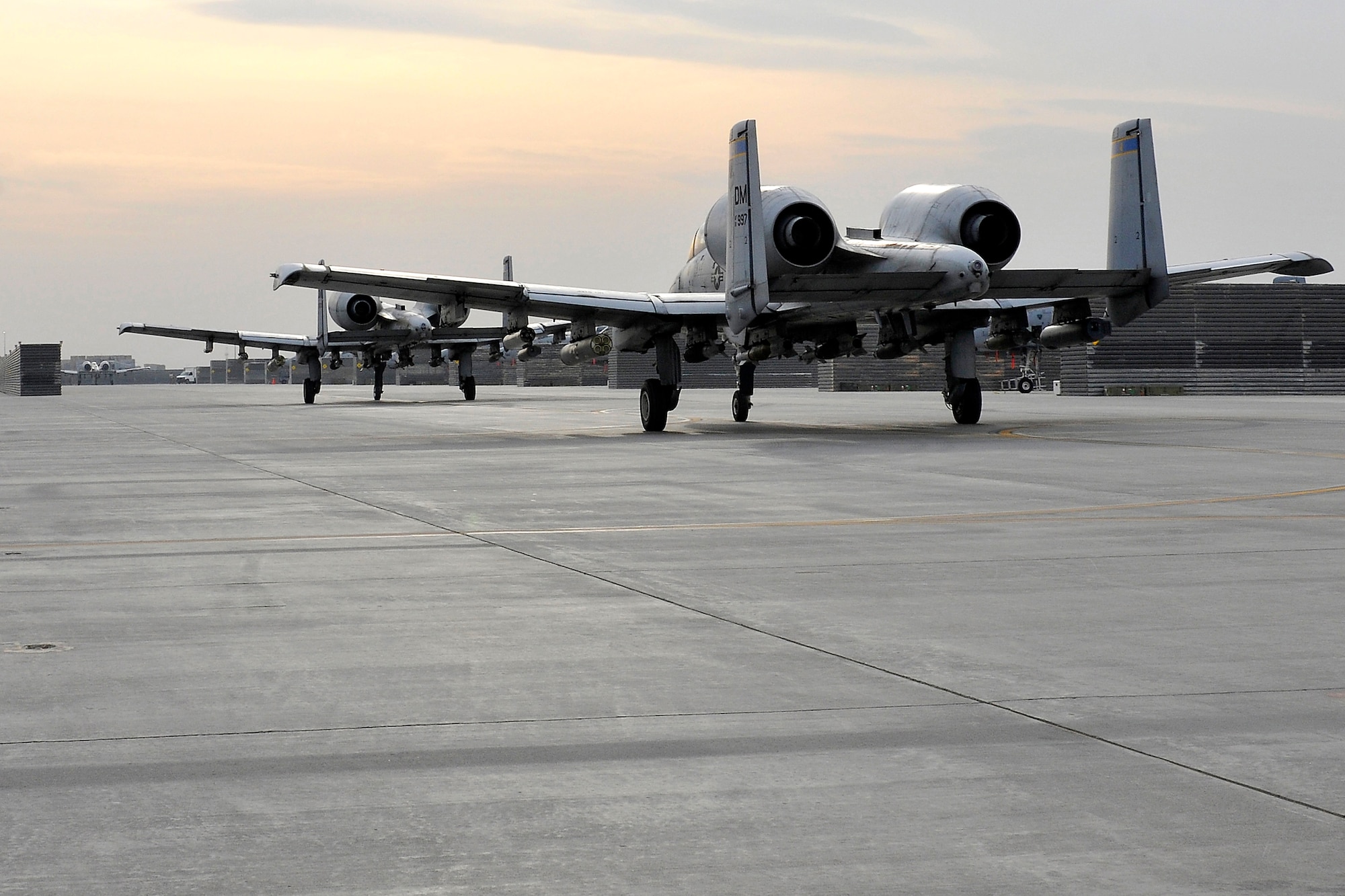 A-10 Thunderbolt II’s taxi to their parking spots after a close air support mission at Bagram Airfield, Afghanistan, Nov. 27, 2012. The A-10 is part of a squadron of “Warthogs” that recently arrived from Davis-Monthan Air Force Base, Az., to fly missions in support of American and coalition forces here in Afghanistan. (U.S. Air Force photo/Senior Airman Chris Willis)