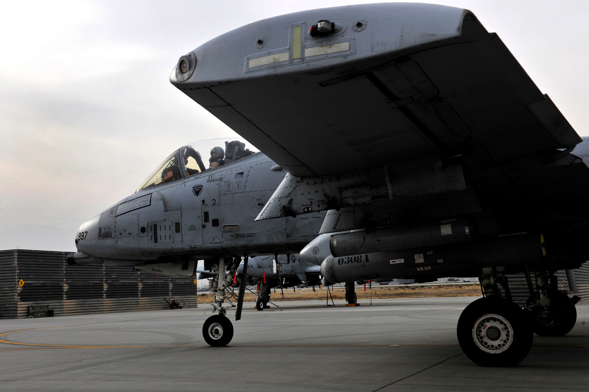 A U.S. Air Force A-10 Thunderbolt II from Davis-Monthan Air Force Base’s 354th Fighter Squadron taxis to its parking spot at Bagram Airfield, Afghanistan, Nov. 27, 2012. Affectionately called the “Warthog,” the A-10 is a specialized ground-attack aircraft which provides close air support to ground forces operating in Afghanistan. (U.S. Air Force photo/Senior Airman Chris Willis)