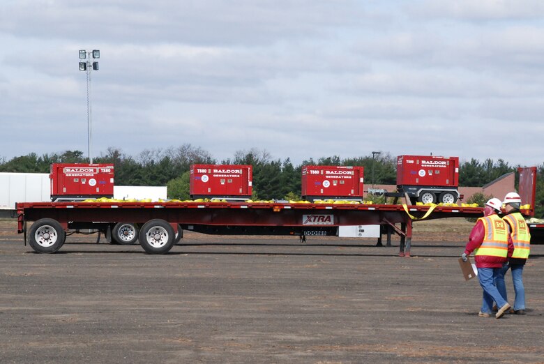 The Army Corp stages and prepares generators in central New Jersey for deployment in their Emergency Temporary Power mission. USACE aggressively helped to bring temporary emergency power to critical facilities in New York and New Jersey, and provided emergency power with more than 335 generators following Hurricane Sandy.