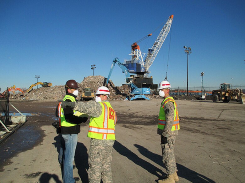 The Army Corps oversees debris operations at Fresh Kills Park in Staten Island, N.Y., where debris removed from private and public property is temporarily stored before being hauled to long-term storage sites. The U.S. Army Corps of Engineers provided debris removal assistance after Hurricane Sandy as part of a FEMA mission assignment.