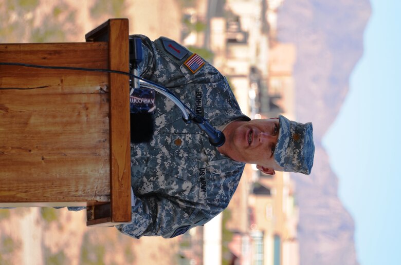 LAS CRUCES, N.M.,-- Maj. Gary Bonham delivers remarks for the Corps of Engineers at the Las Cruces Environmental Restoration Groundbreaking on Nov. 29.