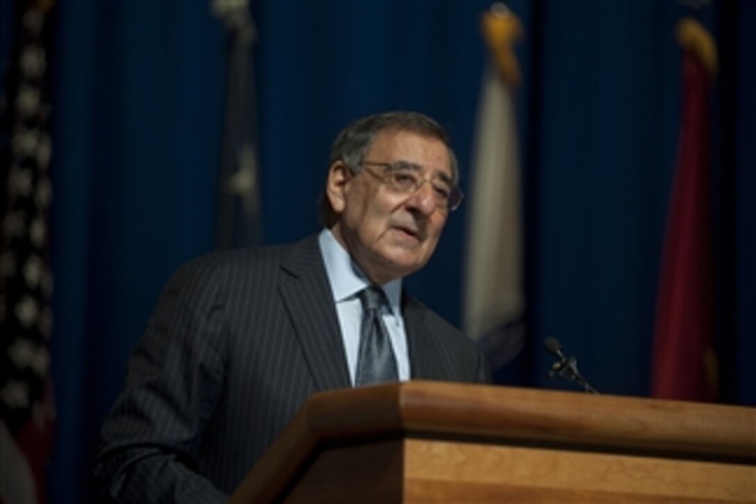 Secretary of Defense Leon E. Panetta addresses service members at Walter Reed National Military Medical Center at Bethesda. Md., on Dec. 4, 2012.  Panetta thanked the more than 300 attendees representing each of the facilities departments for their hard work and dedication in the year since the Base Realignment and Closure Commission merged Naval Medical Center Bethesda and Walter Reed Army Medical Center.  