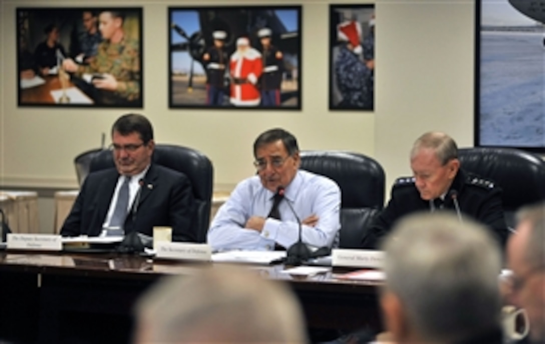 Defense Secretary Leon E. Panetta, Deputy Defense Secretary Ashton B. Carter  and Army Gen.  Martin E. Dempsey, chairman of the Joint Chiefs of Staff, meet at the Pentagon with the Secretary's Leadership Council, which includes the commanders of the nine Combatant Commands and senior civilian leaders, Dec. 5, 2012. 