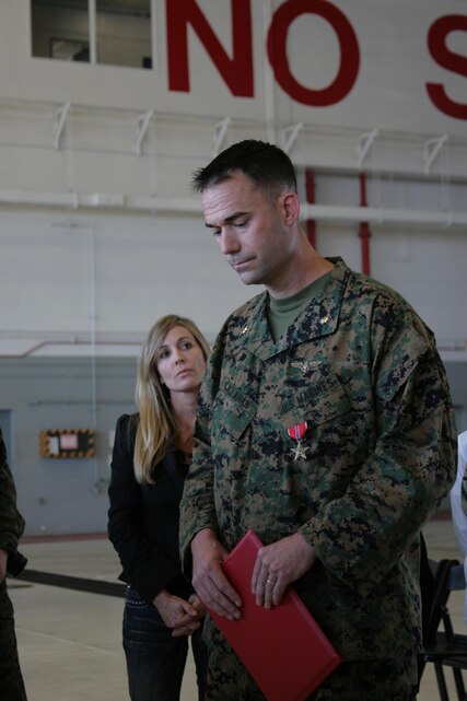 Maj. Troy D. Callahan, the director of safety and standardization and a CH-53E Super Stallion pilot with Marine Heavy Helicopter Squadron 366, receives the Bronze Nov. 30 Star for his actions in Afghanistan.