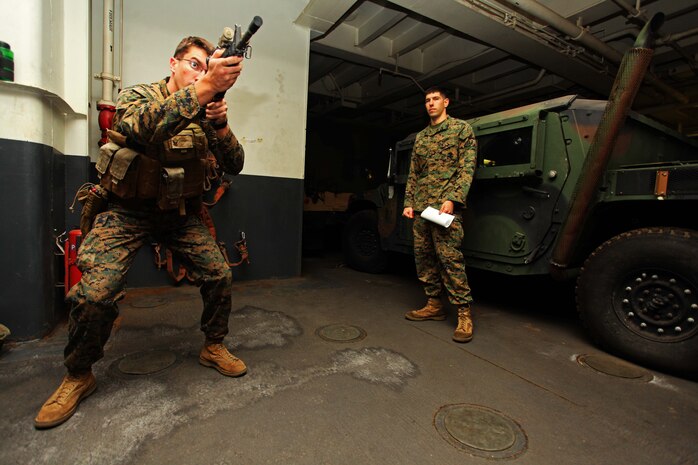 Hospital Corpsman 3rd Class Jose Nieves, left, a Lancaster, Calif., native and Sgt. Zack Guess, a Marion, Ky., native both with Headquarters and Service Company, Battalion Landing Team 1st Battalion, 2nd Marine Regiment, 24th Marine Expeditionary Unit, practice dry-fire techniques aboard USS Iwo Jima, Dec. 3, 2012. Marines and Sailors with the 24th MEU continuously conduct training in weapons handling and firing to remain ready at all times for a variety of missions that could be assigned to the MEU. The 24th MEU is deployed with the Iwo Jima Amphibious Ready Group and is currently in the 6th Fleet area of responsibility. Since deploying in March, they have supported a variety of missions in the U.S. Central, Africa and European Commands, assisted the Navy in safeguarding sea lanes, and conducted various bilateral and unilateral training events in several countries in the Middle East and Africa. (U.S. Marine Corps photo by Lance Cpl. Tucker S. Wolf/Released)