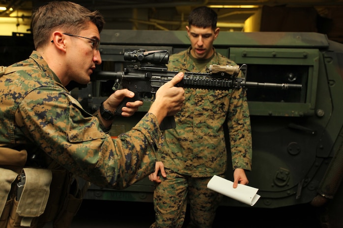 Hospital Corpsman 3rd Class Jose Nieves, left, a Lancaster, Calif., native and Sgt. Zack Guess, a Marion, Ky., native both with Headquarters and Service Company, Battalion Landing Team 1st Battalion, 2nd Marine Regiment, 24th Marine Expeditionary Unit, practice dry-fire techniques aboard USS Iwo Jima, Dec. 3, 2012. Marines and Sailors with the 24th MEU continuously conduct training in weapons handling and firing to remain ready at all times for a variety of missions that could be assigned to the MEU. The 24th MEU is deployed with the Iwo Jima Amphibious Ready Group and is currently in the 6th Fleet area of responsibility. Since deploying in March, they have supported a variety of missions in the U.S. Central, Africa and European Commands, assisted the Navy in safeguarding sea lanes, and conducted various bilateral and unilateral training events in several countries in the Middle East and Africa. (U.S. Marine Corps photo by Lance Cpl. Tucker S. Wolf/Released)