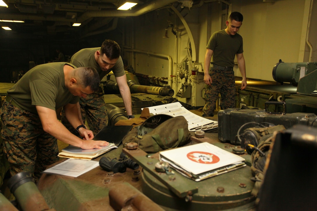 USS IWO JIMA, Mediterranean Sea (Dec. 5, 2012) - Marines with Tank Platoon, Weapons Company, Battalion Landing Team 1st Battalion, 2nd Marine Regiment, 24th Marine Expeditionary Unit, prepare a maintenance check list on an M1A1 Abrams tank aboard USS Iwo Jima, Dec. 5, 2012. The 24th MEU is deployed with the Iwo Jima Amphibious Ready Group and is currently in the 6th Fleet area of responsibility. Since deploying in March, they have supported a variety of missions in the U.S. Central, Africa and European Commands, assisted the Navy in safeguarding sea lanes, and conducted various bilateral and unilateral training events in several countries in the Middle East and Africa. (U.S. Marine Corps photo by Lance Cpl. Tucker S. Wolf/Released) 