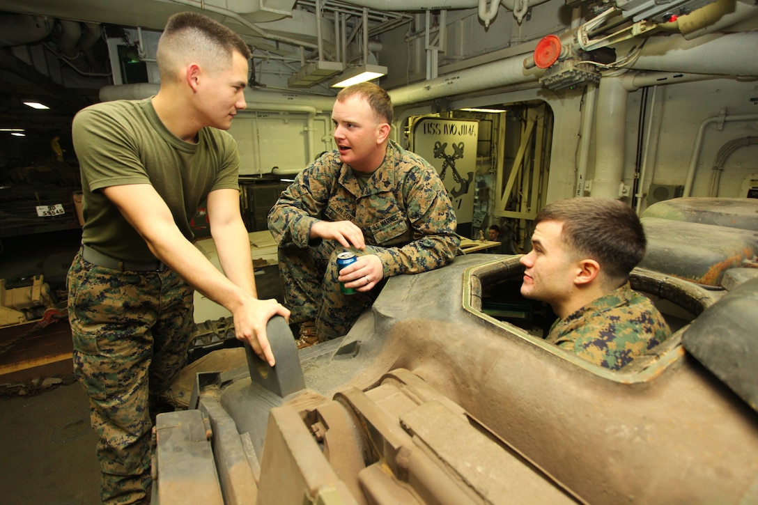 USS IWO JIMA, Mediterranean Sea (Dec. 5, 2012) - Marines with Weapons Company, Battalion Landing Team 1st Battalion, 2nd Marine Regiment, 24th Marine Expeditionary Unit, prepare for maintenance checks on a Light Armored Vehicle 25 aboard USS Iwo Jima, Dec. 5, 2012. The 24th MEU is deployed with the Iwo Jima Amphibious Ready Group and is currently in the 6th Fleet area of responsibility. Since deploying in March, they have supported a variety of missions in the U.S. Central, Africa and European Commands, assisted the Navy in safeguarding sea lanes, and conducted various bilateral and unilateral training events in several countries in the Middle East and Africa. (U.S. Marine Corps photo by Lance Cpl. Tucker S. Wolf/Released)