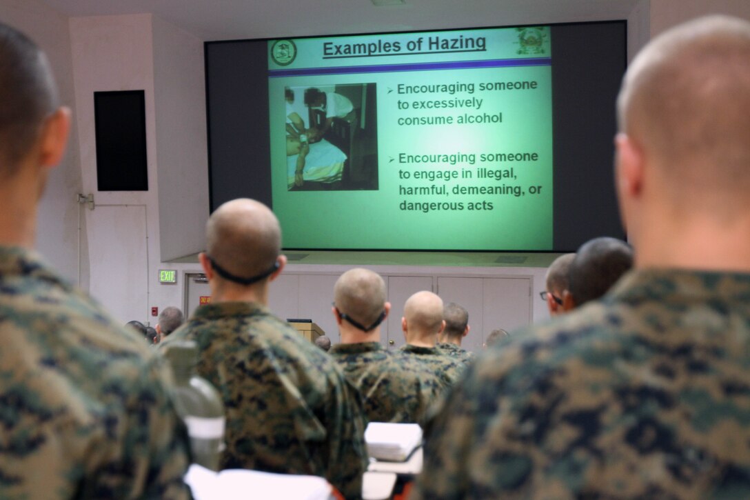 Recruits of Company I, 3rd Recruit Training Battalion, are given the definition of hazing aboard Marine Corps Recruit Depot San Diego, Nov. 27. The information was part of a class on the Marine Corps strong position against hazing.