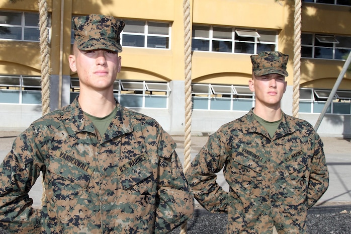 Pvt. Shaun Vanderwall and Pvt. Gabe Vanderwall, Platoon 1035, Company B, 1st Recruit Training Battalion, are identical twins that went throuh recruit training together aboard Marine Corps Recruit Depot San Diego. The twins held "friendly competions" with each other during training events to keep each other motivated.