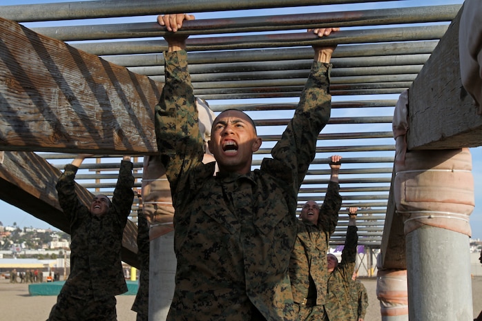 A Recruit of Company A, 1st Recruit Training Battalion, makes his way through a set of monkey bars aboard Marine Corps Recruit Depot San Diego, Nov. 29. The monkey bars was just one exercise in a confidence course including many different obstacles. 
