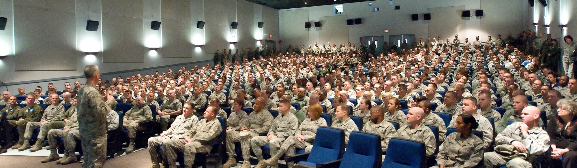 Gen. Paul J. Selva, commander of Air Mobility Command, Scott Air Force Base, Ill., talks to military and civilian personnel at Dover AFB, Del., Dec. 6, 2012. Selva visited the base to introduce himself to Team Dover at an All Call during a world-wind tour of AMC Wings throughout December.  As commander of AMC, Selva leads all mobility forces comprised of nearly 134,000 personnel from active duty, Air National Guard, and Air Force Reserve. (U.S. Air Force photo/Roland Balik)
