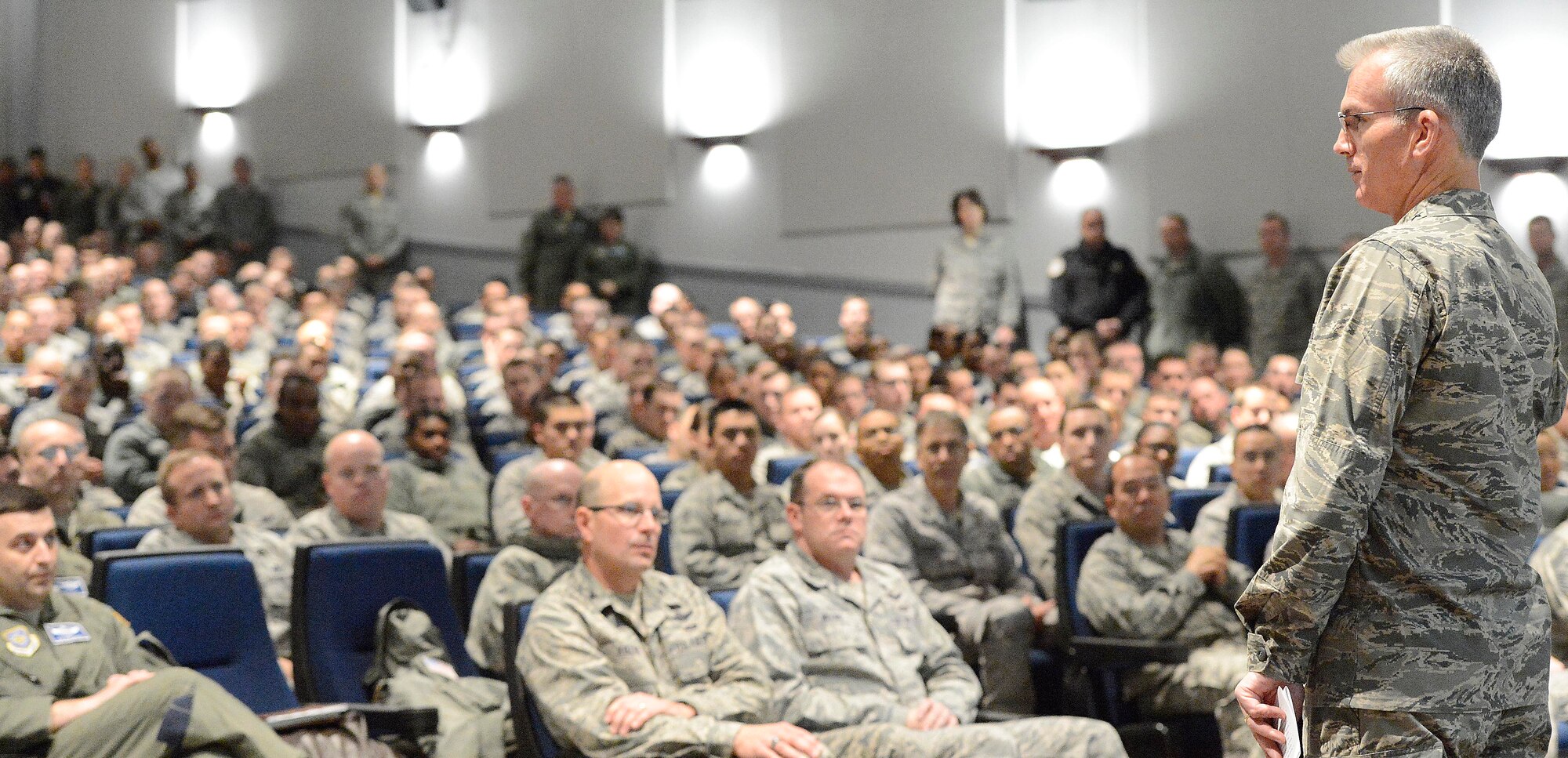 Gen. Paul J. Selva, commander of Air Mobility Command, Scott Air Force Base, Ill., talks to military and civilian personnel at Dover AFB, Del., Dec. 6, 2012. Selva visited the base to introduce himself to Team Dover at an All Call during a world-wind tour of AMC Wings throughout December.  As commander of AMC, Selva leads all mobility forces comprised of nearly 134,000 personnel from active duty, Air National Guard, and Air Force Reserve. (U.S. Air Force photo/Roland Balik)
