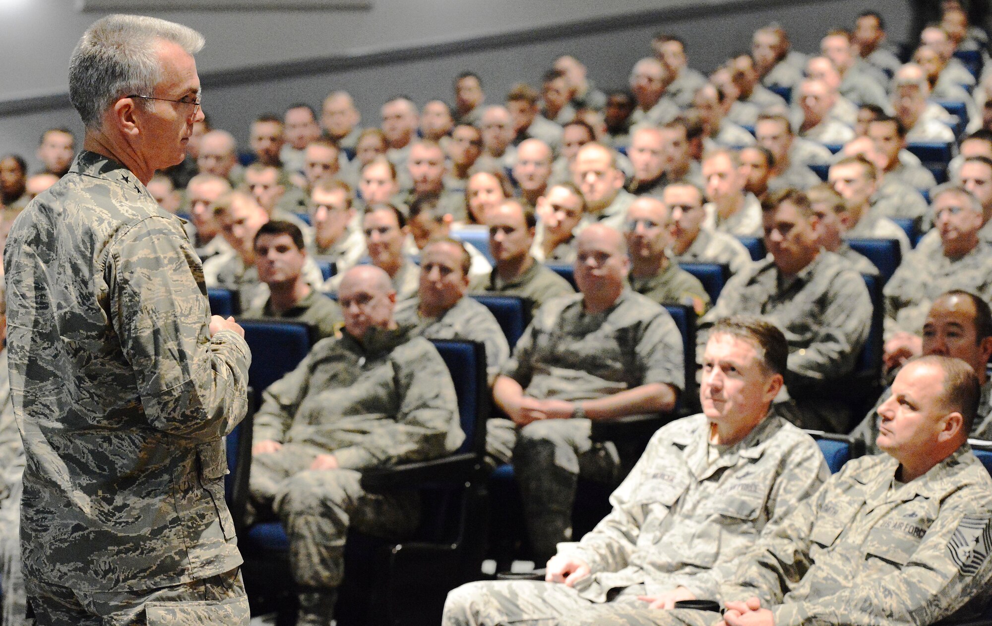 Gen. Paul J. Selva, commander of Air Mobility Command, Scott Air Force Base, Ill., talks to military and civilian personnel at Dover AFB, Del., Dec. 6, 2012. Selva visited the base to introduce himself to Team Dover at an All Call during a world-wind tour of AMC Wings throughout December.  As commander of AMC, Selva leads all mobility forces comprised of nearly 134,000 personnel from active duty, Air National Guard, and Air Force Reserve. (U.S. Air Force photo/Roland Balik)
