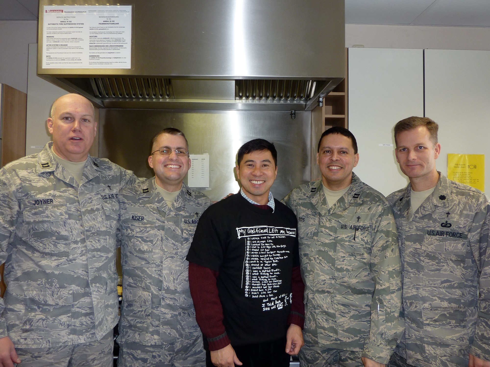 Chaplain (Capt.) Gabriel Rios, 325th Fighter Wing senior faith Protestant chaplain (second from right), says farewell to a fellow chaplain while serving at Spangdahlem Air Base, Germany. (Courtesy photo)