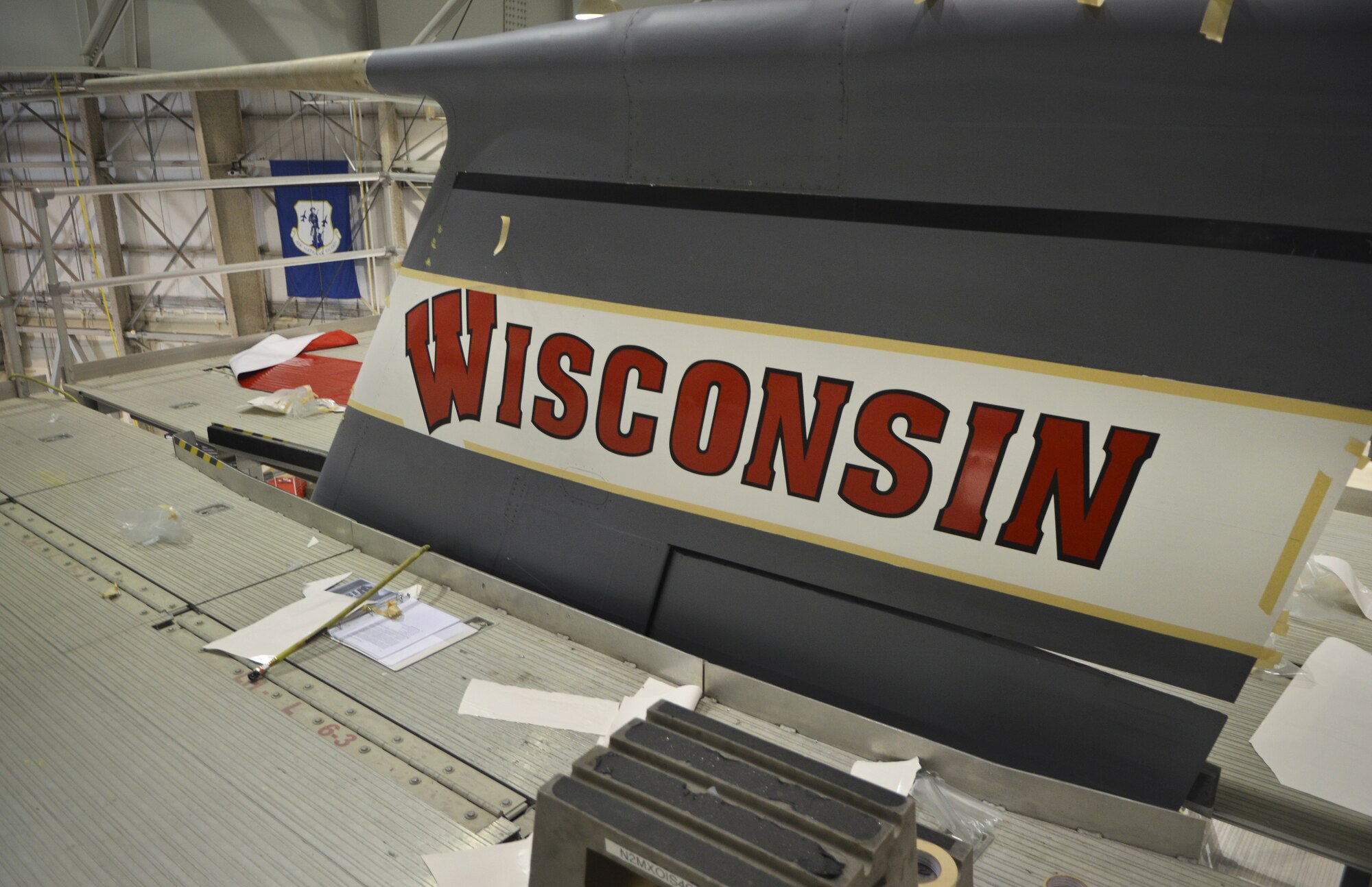 The tail fin of a KC-135R as seen at the 128th Air Refueling Wing in Wisconsin.  The tanker, now adorned with tail flash of the Milwaukee Air Guard unit was previously assigned to the 134th ARW in Knoxville, Tenn. prior to an AMC/NGB-mandated tanker swap to maintenance fleet readiness.  (Air National Guard Photo by Senior Master Sgt. Jeffrey Rohloff / Released)