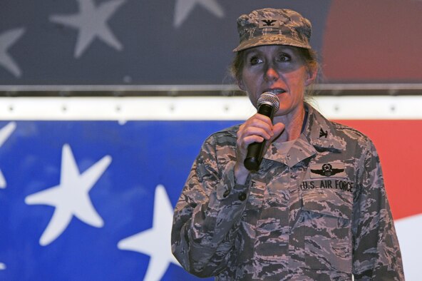 U.S. Air Force Col. Jeannie Leavitt, 4th Fighter Wing commander, gives opening remarks during the annual tree lighting ceremony on Seymour Johnson Air Force Base, N.C., Dec. 3, 2012. Leavitt thanked base personnel for contributing to a great year at Seymour Johnson AFB and wished them happy holidays. (U.S. Air Force photo/Airman 1st Class John Nieves Camacho/Released)
