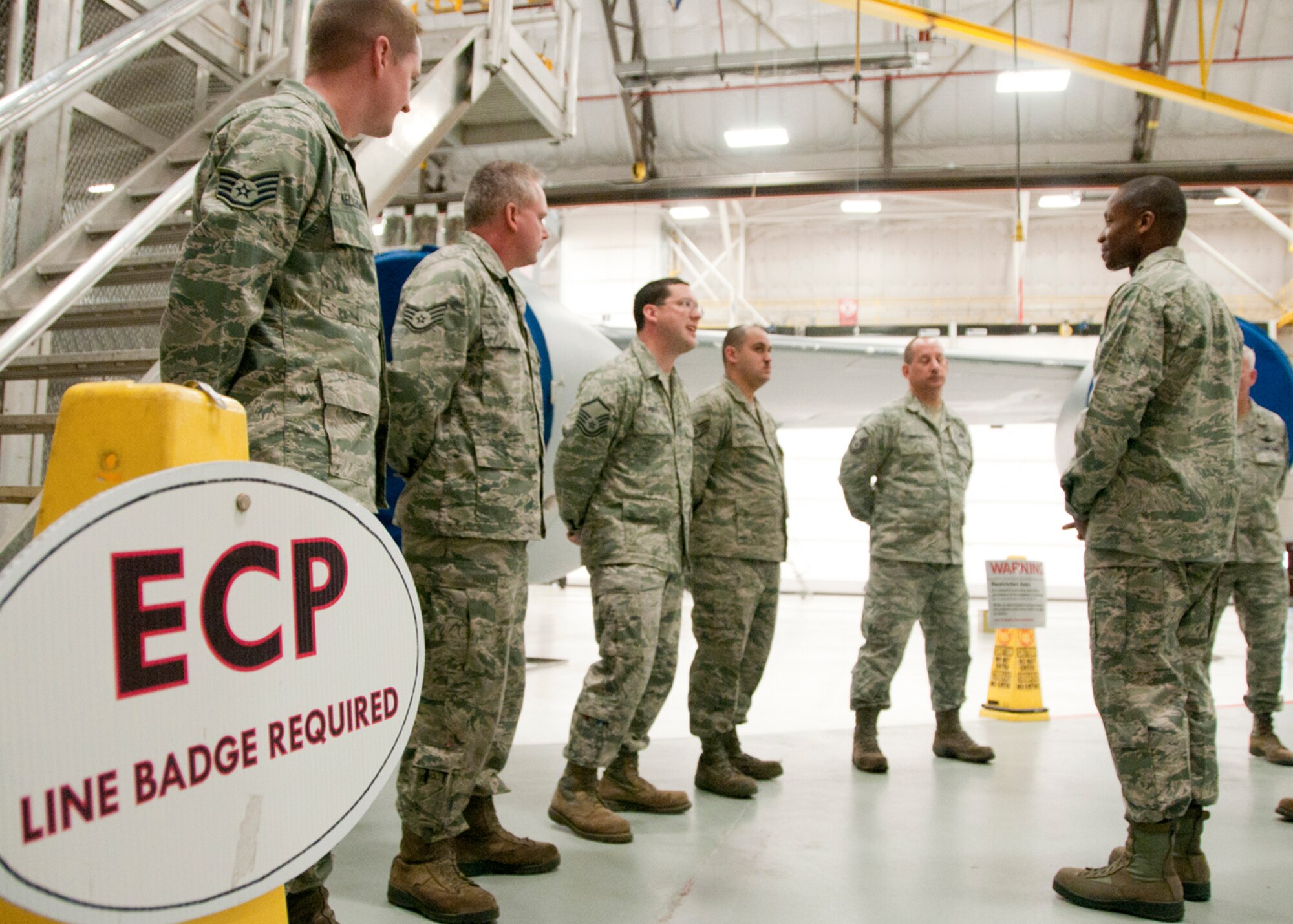 PEASE AIR NATIONAL GUARD BASE, Mass. -- Lt. Gen. Darren McDew, 18th Air Force commander, speaks with members of the 157th Maintenance Group during a visit to the hanger Dec. 4. The general visited here to meet with Airmen and see first-hand the impact Total Force Integration is having on the mission of the New Hampshire Air National Guard. (National Guard photo by Tech. Sgt. Mark Wyatt/RELEASED)