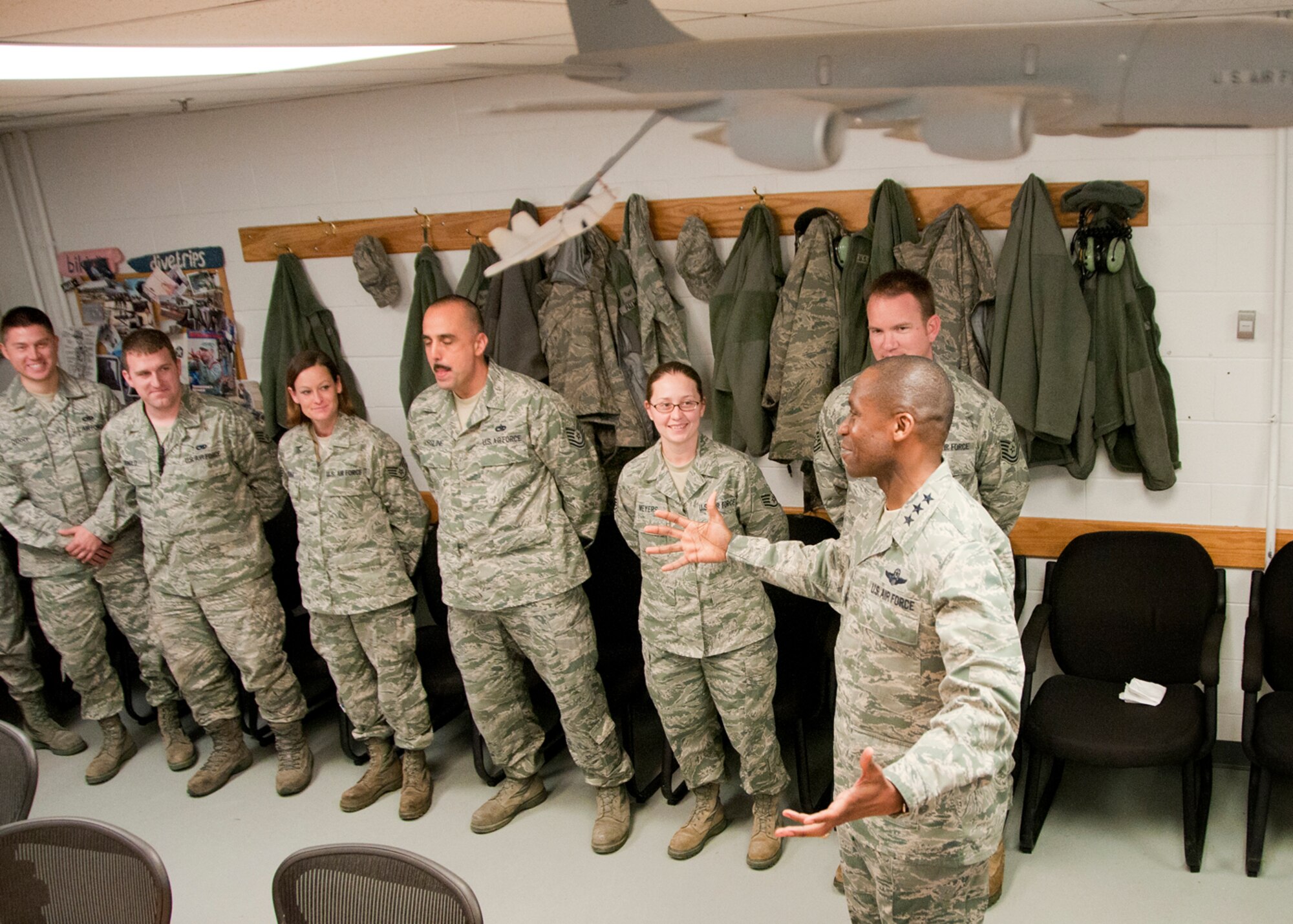PEASE AIR NATIONAL GUARD BASE, Mass. -- Lt. Gen. Darren McDew, 18th Air Force commander, speaks with members of the 157th Maintenance Group during a visit to base Dec. 4. The general visited here to meet with Airmen and see first-hand the impact Total Force Integration is having on the mission of the New Hampshire Air National Guard. (National Guard photo by Tech. Sgt. Mark Wyatt/RELEASED)