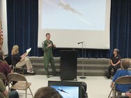 U.S. Air Force Capt. Bryan Brandon, 388th Fighter Wing Pilot, addresses the crowd at the South Clearfield Elementary School on Nov. 30 as part of the Hill Starbase Academy Graduation Ceremony. ((U.S. Air Force photo by Mary Lou Gorny/Released). 