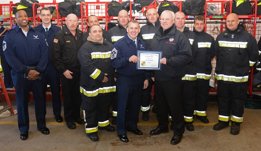 RAF MENWITH HILL, United Kingdom - Paul Reade, 421st Civil Engineer Squadron fire prevention assistant chief, was named November’s 501st CSW Everyday Hero from the 421st Air Base Group. 
Reade’s professionalism and dedication to this year’s Fire Prevention Week Campaign far exceeded the expectations and goals of the Menwith Hill Fire Emergency Services. His determination in sending out this message resulted in him making contact with more than 1,800 on and off base personnel. This far exceeded his contact totals for the last four years combined. He also led the coordination to bring five schools to the station over an eight-day period, making contact with five of RAF Menwith Hill’s closest village communities, and more than 150 children and 20 teachers and parents. (U.S. Air Force photo by Staff Sgt. Brok McCarthy)