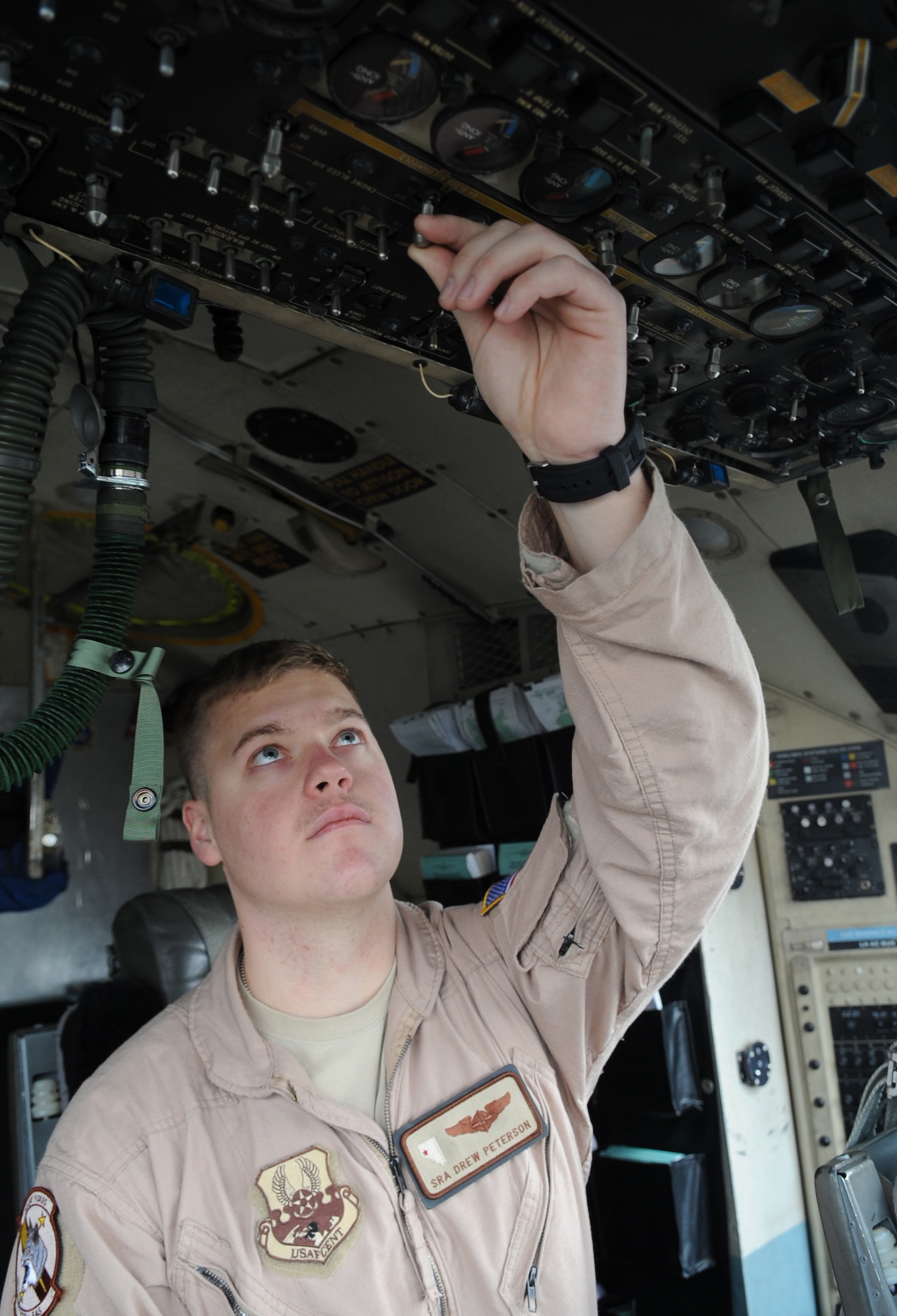 SOUTHWEST ASIA – Senior Airman Andrew Peterson, 737th Expeditionary Airlift Squadron C-130 flight engineer, inspects the panels of the aircraft before take-off here Dec. 5. Once the pre-flight inspection is completed, Peterson calculates the take-off numbers for the pilots and runs a “before take-off” checklist for the pilots. Once it’s time for the aircrew to take off on the mission, the flight engineer sets the engine throttles to the proper settings and the plane takes off. Peterson is the 386th Air Expeditionary Wing Rock Solid Warrior this week. (U.S. Air Force photo/Staff Sgt. Alexandra M. Boutte)